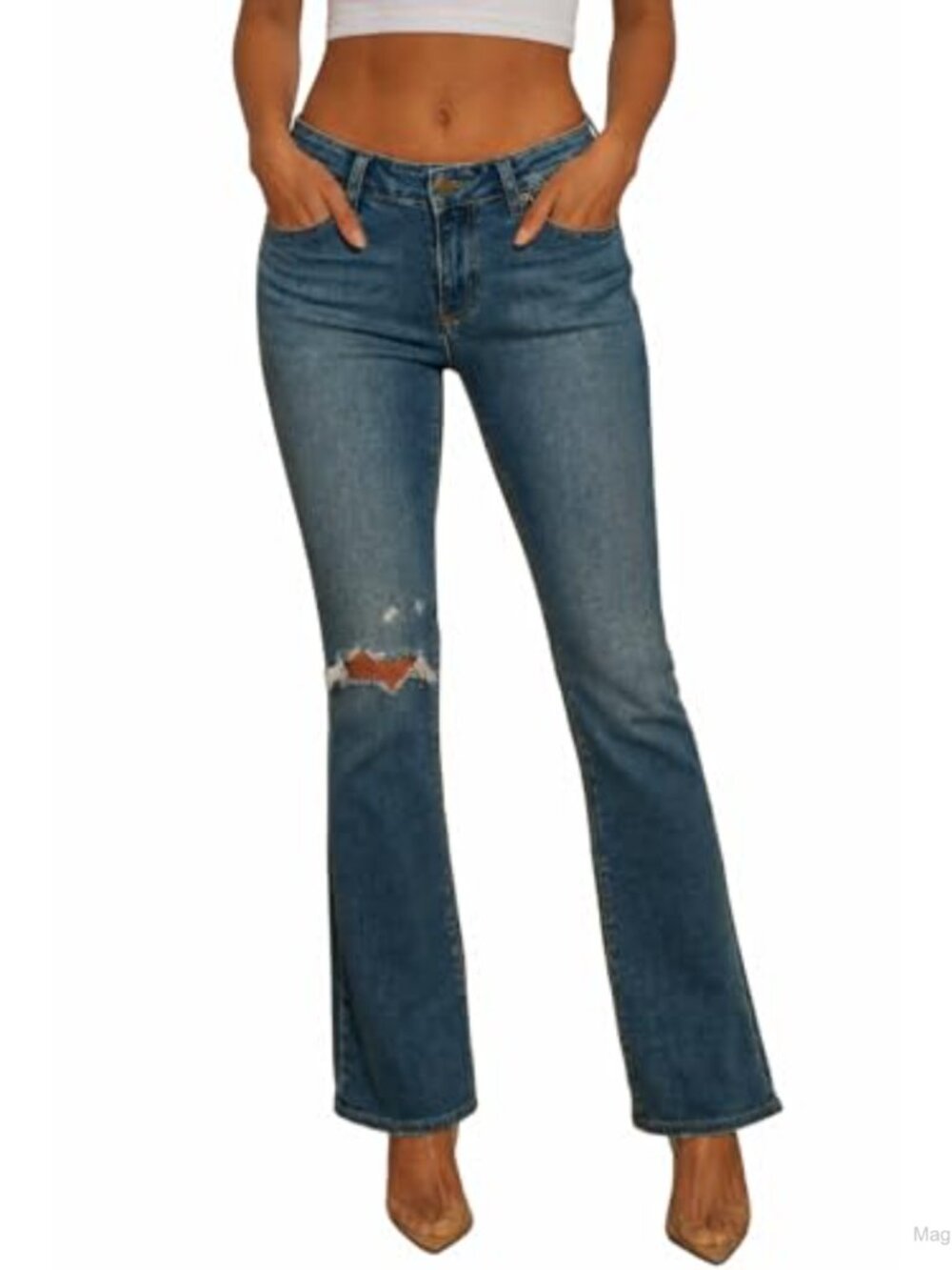 Stretchy Low Rise Distressed Flare Jeans